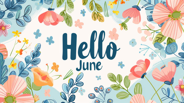 June month illustration background with pastel colors drawing with written Hello June to celebrate start of the month - Powered by Adobe
