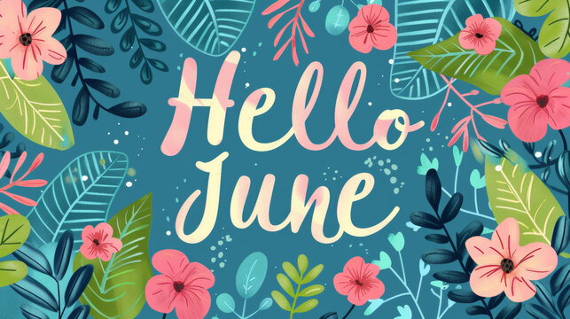 June month illustration background with pastel colors drawing with written Hello June to celebrate start of the month