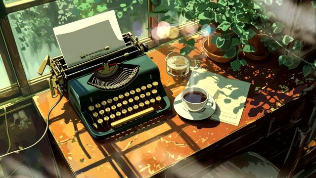 Cozy Nook: Typewriter, Hot Coffee, and a Window View Creating a Perfect Writing Space. Cozy Atmosphere Seamless looping 4k time-lapse virtual fantasy animation background