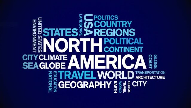 North America animated word cloud;text design animation tag kinetic typography seamless loop.
