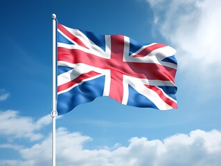 United Kingdom flag on cloudy sky background, close up