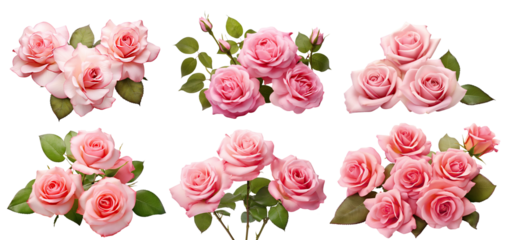Set of beautiful pink roses in full bloom, with soft petals and green leaves, cut out