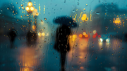 A solitary figure walking in the rain under an umbrella, captured from a distance, with rain creating a soft haze around street lights