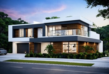 3D rendering of a large house with a flat roof. House concept