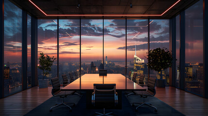 A conference table with chairs around it, in front of a wall of windows. The sun is setting behind the city skyline visible through the windows.