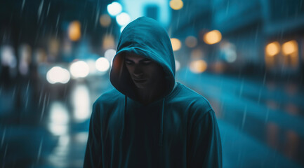 Unidentified man in a dark hoodie on a dark blurry city street