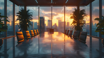 A conference table with chairs around it, in front of a wall of windows. The sun is setting behind the city skyline visible through the windows.