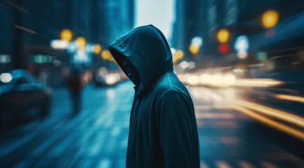 Foto op Aluminium Unidentified man in a dark hoodie on a dark blurry city street © sonatik