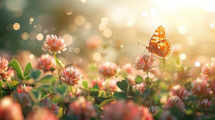 Wild flowers of clover and butterfly in a meadow in nature in the rays of sunlight