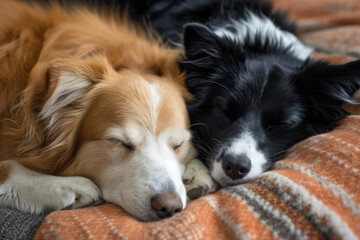 Two dogs snuggle closely as they sleep, demonstrating their deep bond and affection for each other.