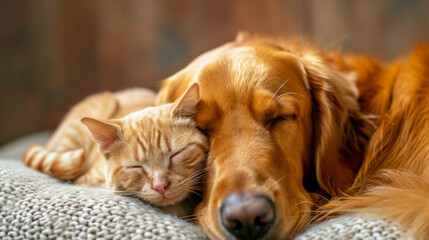 In a serene moment of companionship, a dog and a cat are captured peacefully sleeping side by side, embodying the timeless bond and mutual trust shared between these beloved pets.