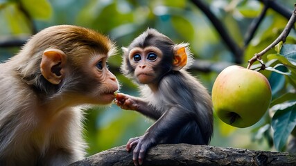 adorable cartoon monkeys, A Japanese macaque perched atop a tree, alongside fruit-eating monkeys Fresh and luscious bananas, which the monkeys are delectably consuming Adorable little monkeys
