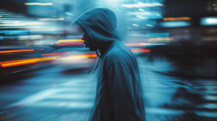 Unidentified man in a dark hoodie on a dark blurry city street