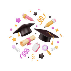 Fototapeta na wymiar 3d graduate hat, diploma with ribbon, stationery elements and firecracker in circle arrangement. Academic cap, pencil, pen, notebook, confetti in pink colors. Vector illustration in plastic style.