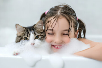 A young girl carefully bathes a cat, her gentle hands and soothing voice calming the feline as water cascades over its fur, creating a tender moment of trust and care between them.