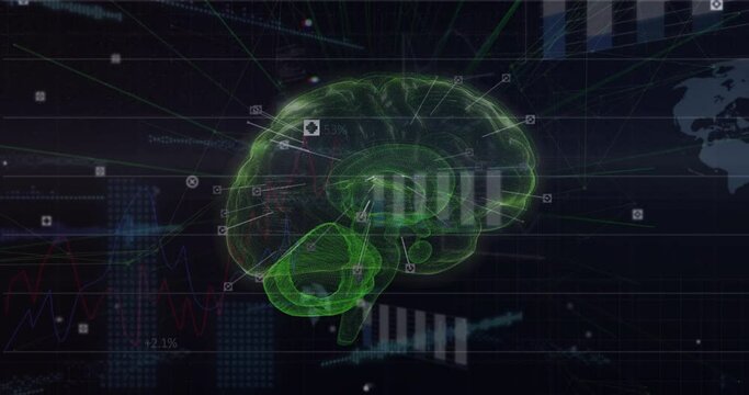 Animation of brain with network of connections and data processing on black background