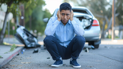 distressed man sitting on the road with his hands on his head in front of a crashed car, suggesting he has just experienced a vehicle accident.