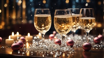 Festive champagne flutes clink on a table decorated for a Christmas celebration