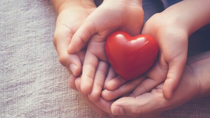 adult and child hands holding red heart, heart health, world heart day,Ai generated