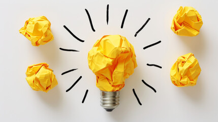 A crumpled piece of yellow paper forms the shape of a lightbulb against a white background, symbolizing a bright idea or creative concept.