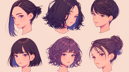 set of cute anime girl hairstyles - obrazy, fototapety, plakaty