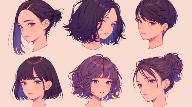 Set Of Cute Anime Girl Hairstyles