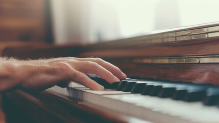 The seasoned hands of an elderly man caress the piano keys, each note a testament to a lifetime of musical passion and skill. - obrazy, fototapety, plakaty