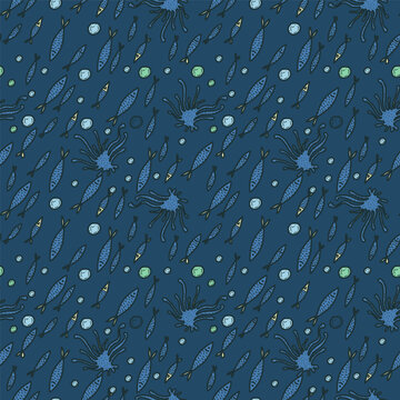Hand drawn seamless pattern with sea fish. Tropical underwater life background. Vector illustration.