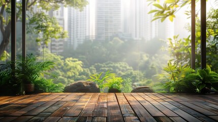 Wood table top on blur of window glass and abstract green from garden with city view in the morning background