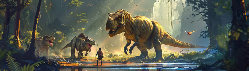 Obraz premium A Jurassic IT startup with dinosaurs developing innovative tech solutions