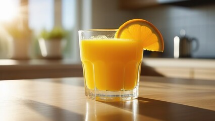Freshly squeezed orange juice in a glass on the kitchen table, soft drink with vitamin C, vegetarianism, orange juice for breakfast, healthy lifestyle,