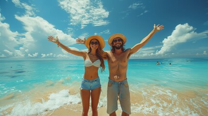 Vacation romantic love young happy smile couple in honeymoon travel holiday trip standing on sand at blue sky sea beach having fun and relaxing together on tropical beach.Summer travel 