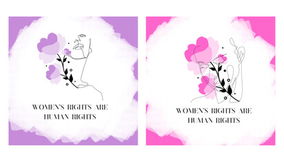Women's day card template with watercolor blots and flowers. Vector illustration.