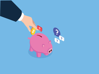 Piggy bank and hand saving money 3d isometric vector illustration