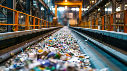 Garbage Processing Plant Conveyor Belt Filled With Trash