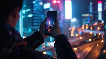 Fototapeta na wymiar smartphone with city view at night