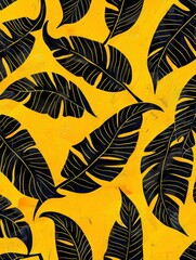 A vibrant yellow background adorned with striking black leaves, creating a bold and eye-catching contrast in the composition.
