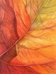 Detailed view of a vibrant, multicolored leaf showcasing intricate veins and brilliant hues in extreme close-up.