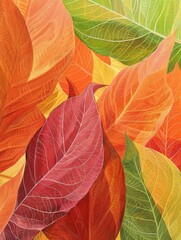 A vibrant painting featuring a variety of colorful autumn leaves on a bright yellow background, creating a visually striking contrast and lively composition.