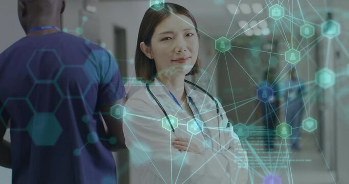 Animation of connections and data processing over asian female doctor in hospital