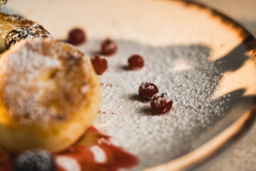 Homemade cheesecakes with sour cream and jam. Diet food concept. 4k