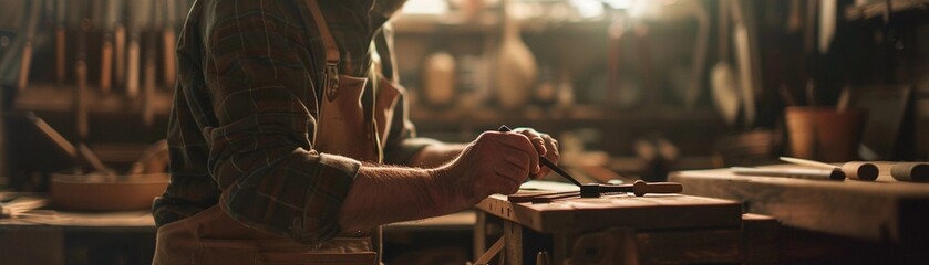 Carpenter meticulously crafting intricate joinery or details on a piece of wood, with chisels, planes and other hand tools in hand, background image, generative AI - obrazy, fototapety, plakaty
