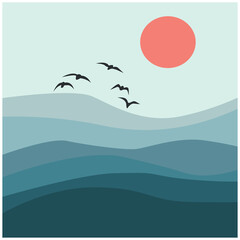 Vector illustration of a seascape. Interior poster, sunset and ocean and seagulls above it.