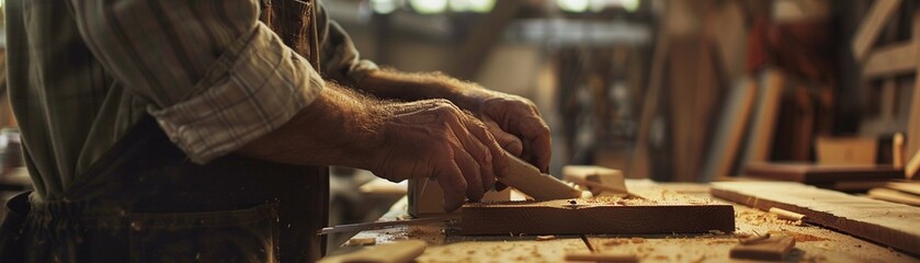 The carpenter assembling wooden pieces to construct furniture or structures, with clamps, glue and nails in hand, background image, generative AI