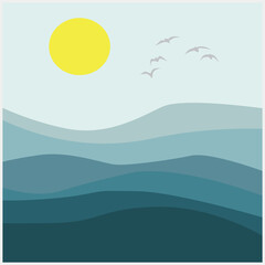 Fototapeta na wymiar Vector illustration of a seascape. Interior poster, sunset and ocean and seagulls above it.