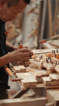 The carpenter assembling wooden pieces to construct furniture or structures, with clamps, glue and nails in hand, background image, generative AI