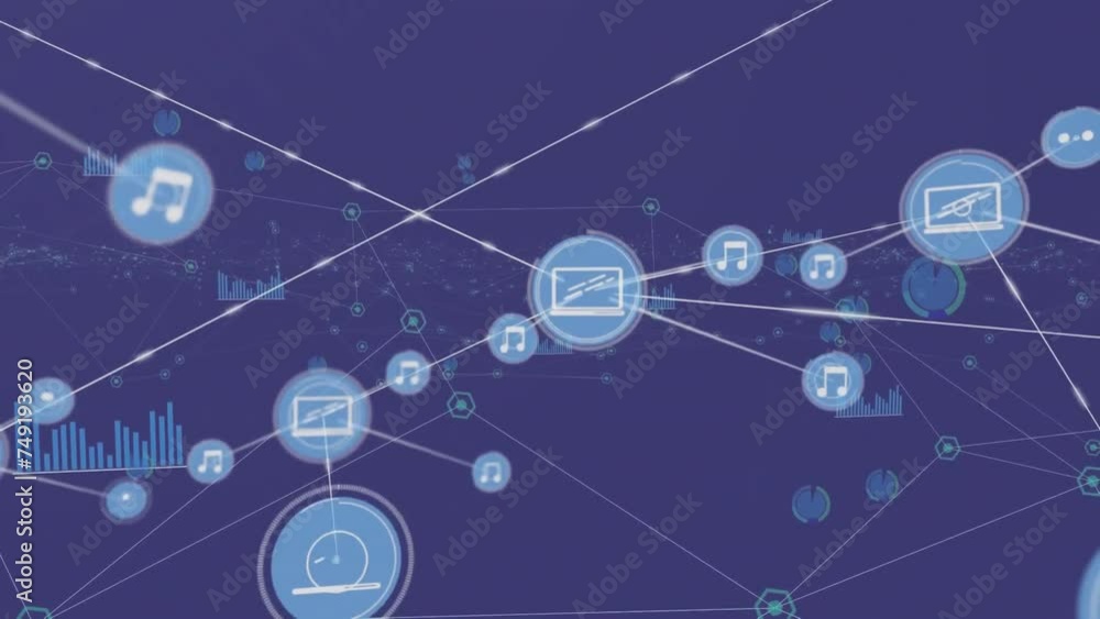 Poster animation of network of connections with icons and data processing on blue background