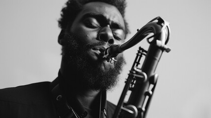 Man playing the saxophone with eyes closed, lost in the music, against a clean white background, background image, generative AI - obrazy, fototapety, plakaty