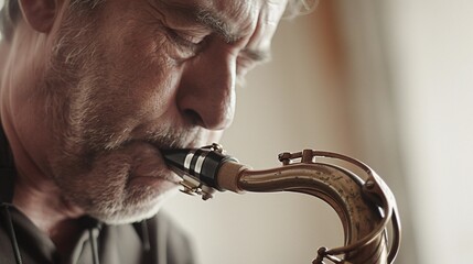 Man playing the saxophone with eyes closed, lost in the music, against a clean white background, background image, generative AI - obrazy, fototapety, plakaty