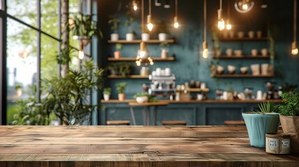 Fototapeta na wymiar Wooden board empty Table Top And Blue Interior over blur in coffee shop Background, Mockup for display of product